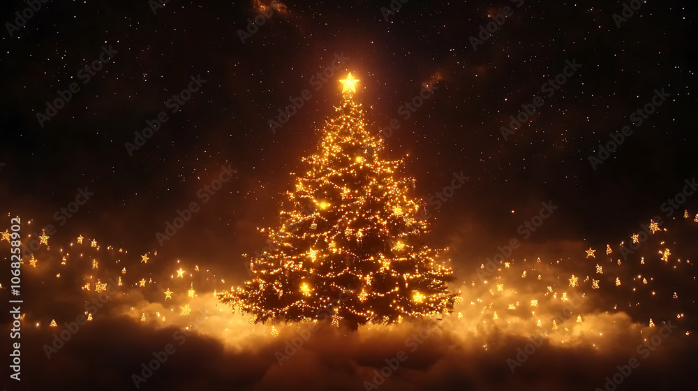 Vibrant Christmas tree glowing with lights against starry night sky Vibrant Christmas tree glowing with lights against starry night sky