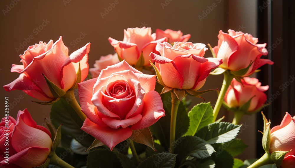 Fototapeta premium Vibrant coral roses in natural sunlight for romantic gesture
