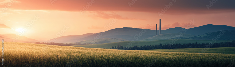 serene landscape featuring smokestacks in green meadow at sunset serene landscape featuring smokestacks in green meadow at sunset