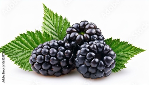 Blackberry with green leaves, clipping path isolate on White background