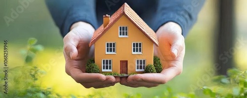 Hands holding a miniature house, symbolizing home ownership or real estate concept.