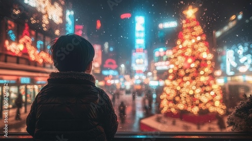 Child Watching Christmas Lights in City Street