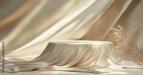 3d podium with tablecloth beige background