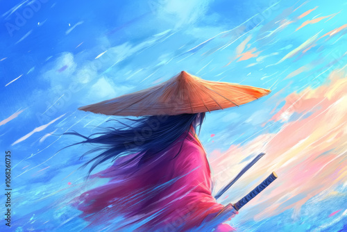 A serene warrior in a pink kimono gazes at the vast ocean under a cloudy sky while holding a katana at sunset