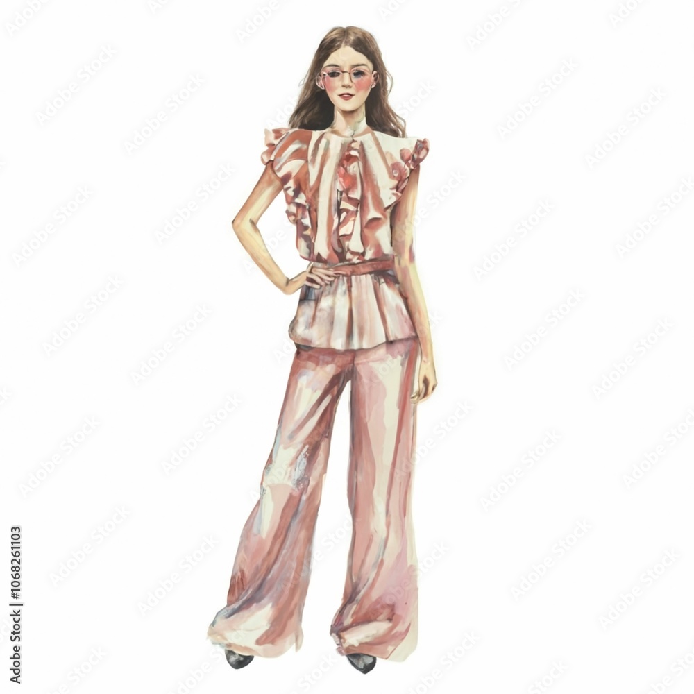 Illustration of a beautiful woman in pink ruffled blouse Illustration of a beautiful woman in pink ruffled blouse