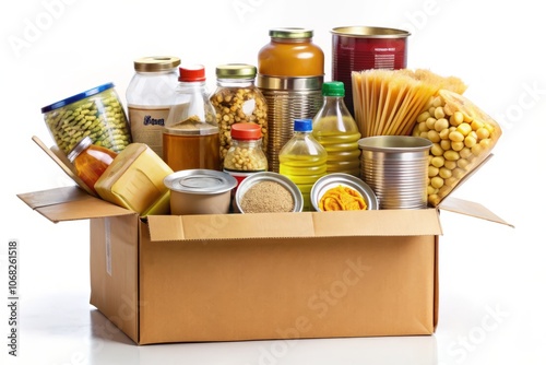 Donation Box with Assorted Food Items - Open Cardboard Box Featuring Canned Goods, Cereals, and Pasta Isolated on White Background for Charity and Food Drive Concepts