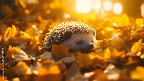 78. Happy hedgehog in 3D, curled up in a bed of soft leaves under sunlight photo