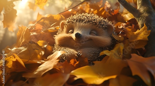 78. Happy hedgehog in 3D, curled up in a bed of soft leaves under sunlight photo