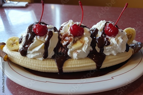 A banana split with three scoops of ice cream, banana slices, hot fudge, whipped cream, and cherries. photo