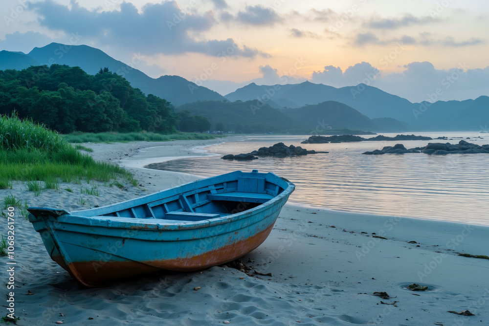 A blue boat sitting on top of a sandy beach A blue boat sitting on top of a sandy beach