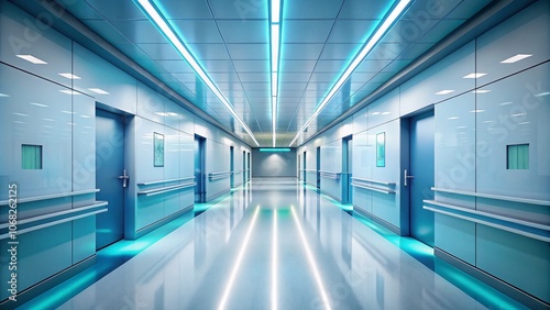 Minimalist Futuristic Hospital Corridor: A Sleek, Bright Pathway with Soft Lighting and Clean Lines, Showcasing Advanced Medical Technology in a Calm and Inviting Atmosphere