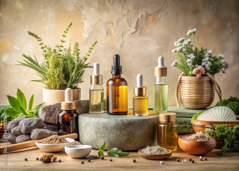 Eco-Friendly Natural Cosmetics Mockup with Serum, Oil, and Spa Accessories Surrounded by Aromatherapy Stones and Dry Herbs in a Panoramic Bathroom Setting Eco-Friendly Natural Cosmetics Mockup with Serum, Oil, and Spa Accessories Surrounded by Aromatherapy Stones and Dry Herbs in a Panoramic Bathroom Setting