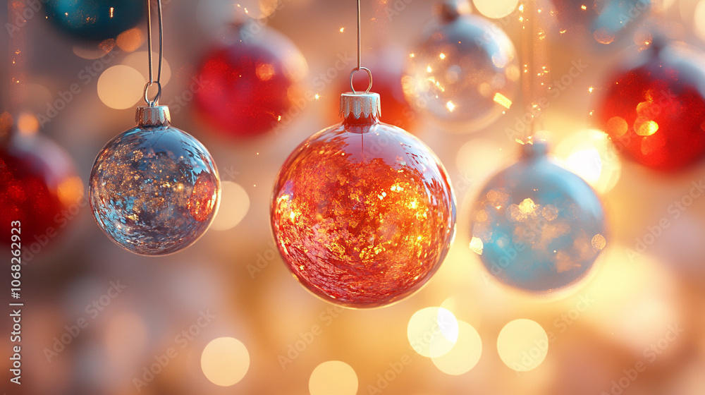 Christmas ornaments hanging against a glittering, glowing, blurred bokeh festive background Christmas, holiday decor, ornaments, bokeh, glitter, glow, festive season Christmas ornaments hanging against a glittering, glowing, blurred bokeh festive background Christmas, holiday decor, ornaments, bokeh, glitter, glow, festive season