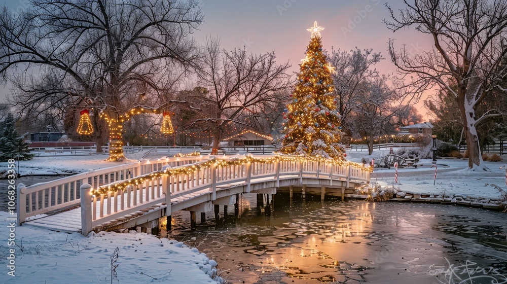 Charming winter scene with a white bridge and a vibrant christmas tree surrounded by snow and lights Charming winter scene with a white bridge and a vibrant christmas tree surrounded by snow and lights