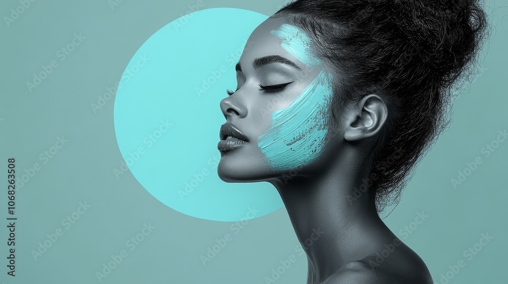 A black and white portrait of an elegant woman, with soft sea blue and mint green brush strokes on her face, in a minimalist style, creating a peaceful and artistic atmosphere. A black and white portrait of an elegant woman, with soft sea blue and mint green brush strokes on her face, in a minimalist style, creating a peaceful and artistic atmosphere.