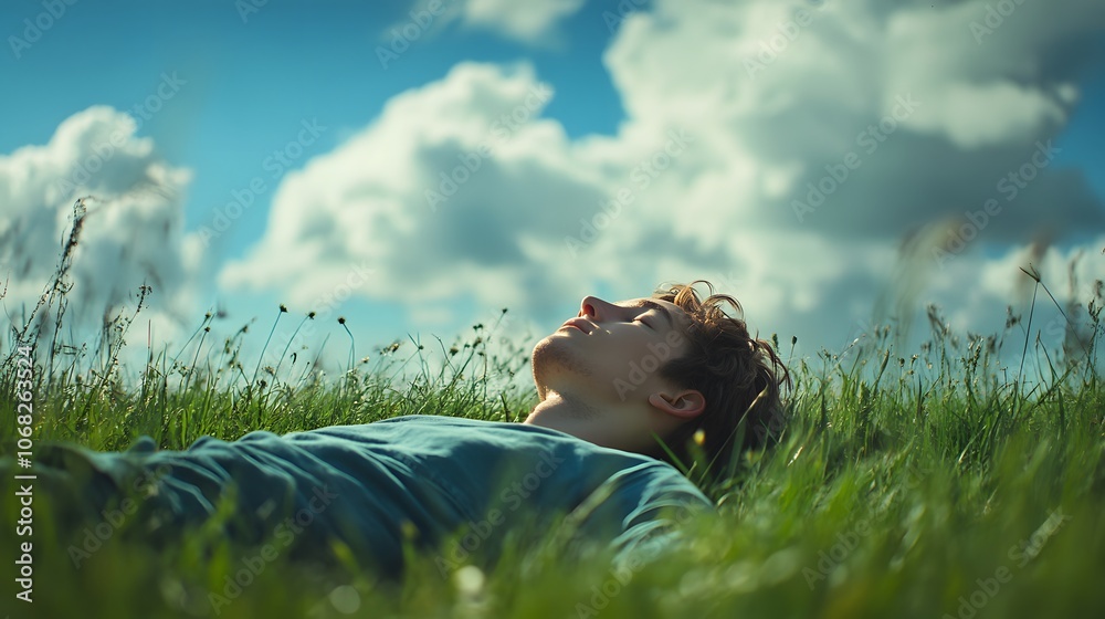 Fototapeta premium A person lying in a field of grass, staring up at the clouds, daydreaming on a peaceful Sunday, Sunday daydreaming, relaxed life