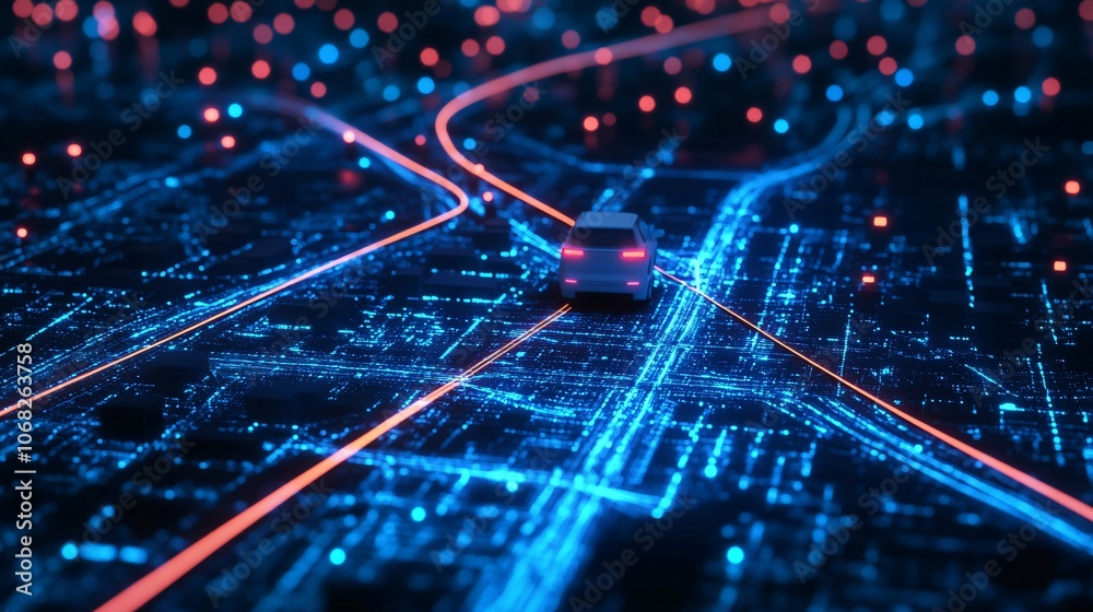Autonomous Vehicle Navigating a Futuristic Cityscape Autonomous Vehicle Navigating a Futuristic Cityscape