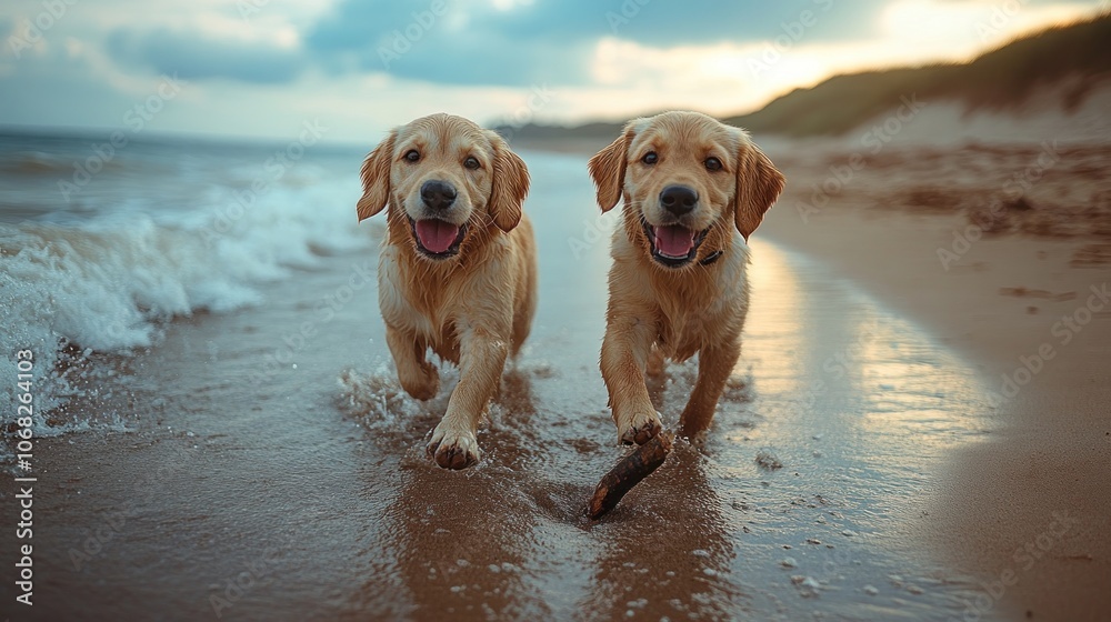 Two golden retriever puppies run towards the camera on a sandy beach at sunset. Two golden retriever puppies run towards the camera on a sandy beach at sunset.
