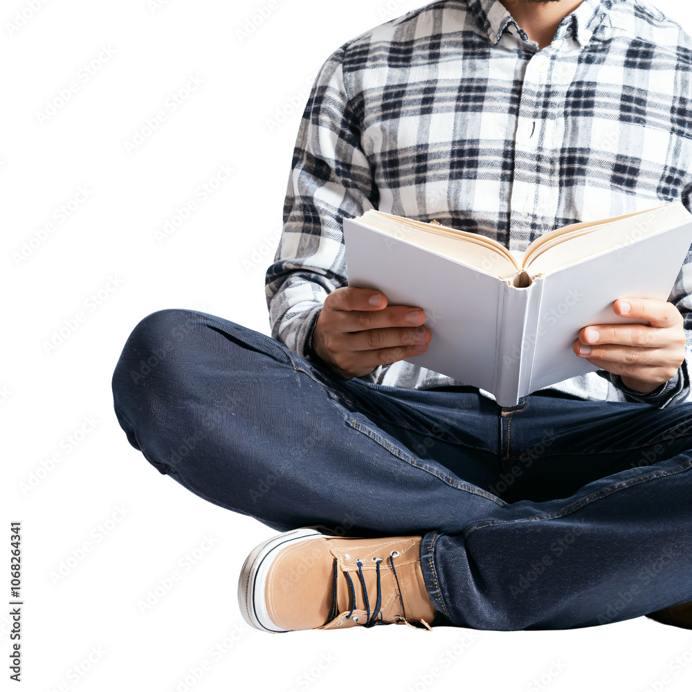 Obraz premium A Cozy Moment: A Young Man in a Plaid Shirt Sitting Cross-Legged, Engrossed in an Open Book, Capturing the Essence of Peaceful Reading and Intellectual Exploration, Surrounded by Tranquility.