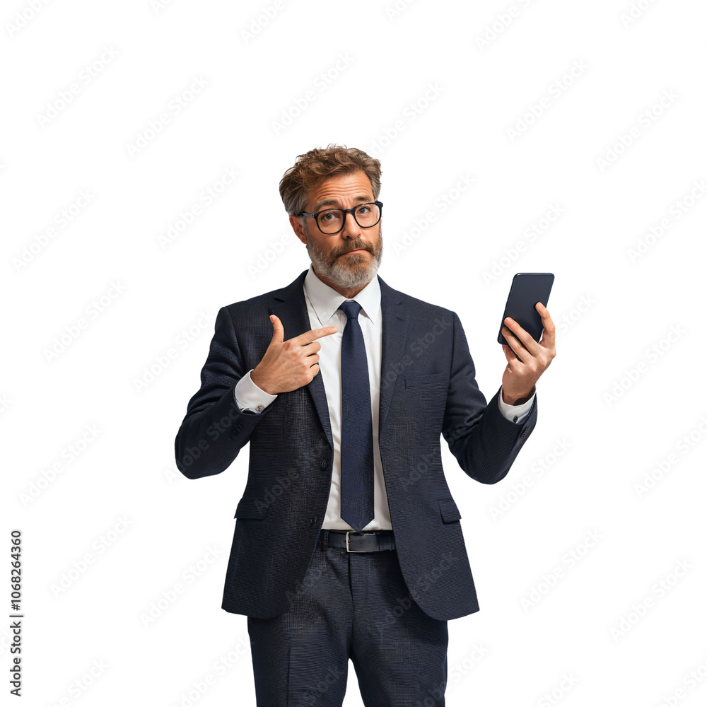 Confident Businessman Gesturing with Smartphone in a Sleek Suit, Capturing Attention and Exuding Professionalism While Prompting Engagement with a Subtle Smile on His Face. Confident Businessman Gesturing with Smartphone in a Sleek Suit, Capturing Attention and Exuding Professionalism While Prompting Engagement with a Subtle Smile on His Face.