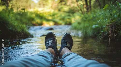 A person relaxing with their feet in a stream, enjoying a quiet Sunday in nature, Sunday nature escape, peaceful life photo