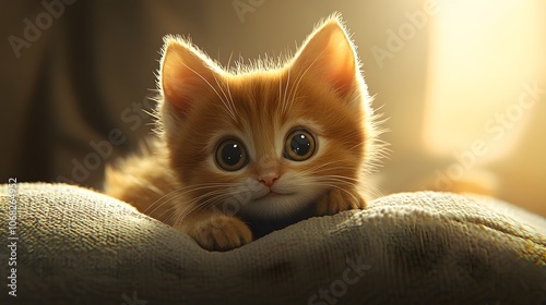 31. Soft animated kitten with round eyes and gentle fur, purring on a cushion with warm lighting photo