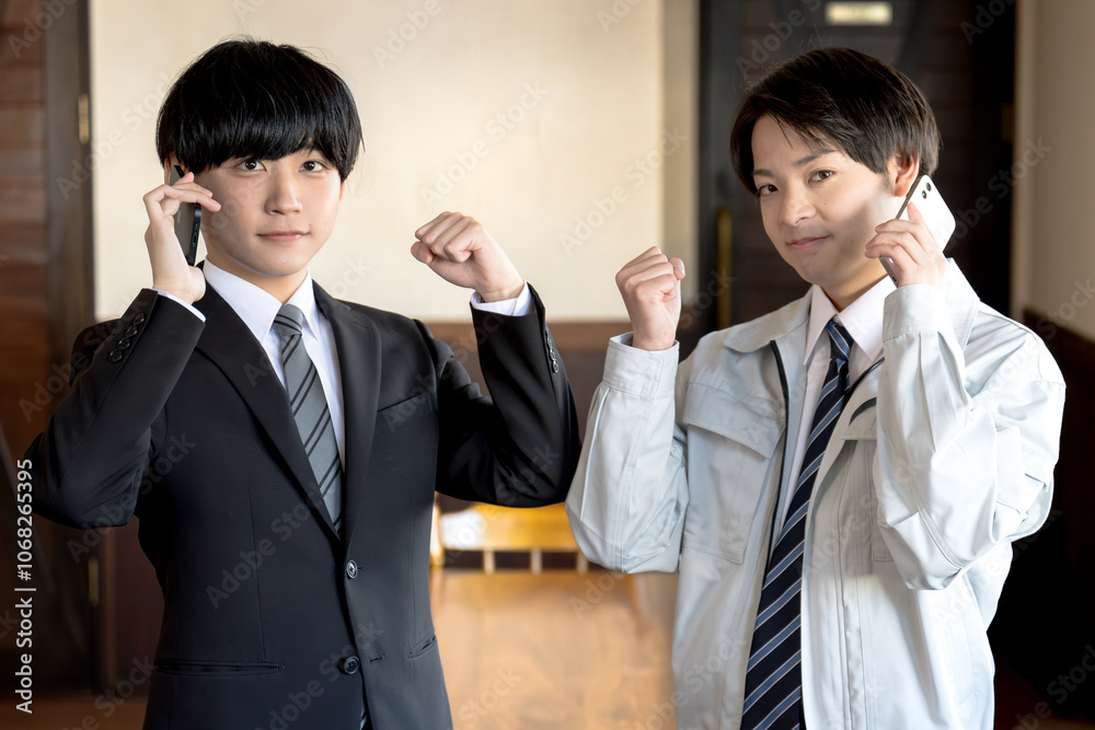 スマホを持ったスーツと作業服の男性