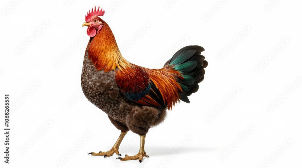 Fototapeta premium Chicken Portrait on White Background – Vibrant High-Quality Close-Up Image of Rooster or Hen for Farm, Poultry, and Agriculture Themes