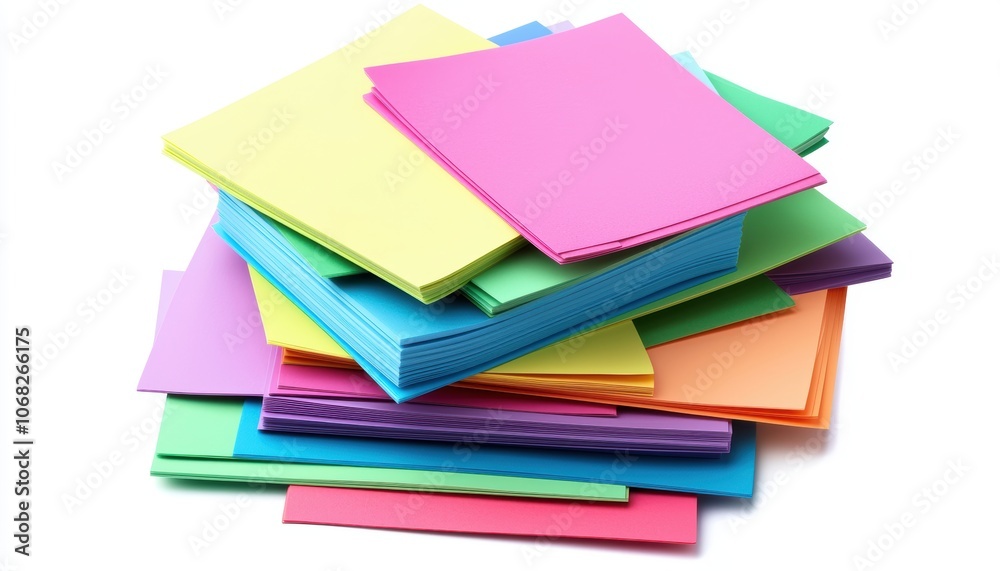 a stack of colorful sticky notes, business reminders and organization, neat arrangement, isolated on white background