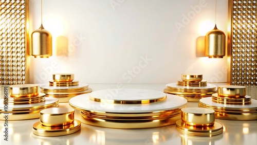 Gold and white podiums with hanging gold lamps and patterned wall.