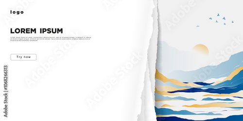 A banner with torn paper behind which is an abstract landscape. A place for the text.