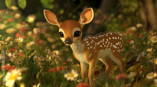 9. 3D-animated fawn with big, gentle eyes and soft spots, exploring a meadow filled with flowers