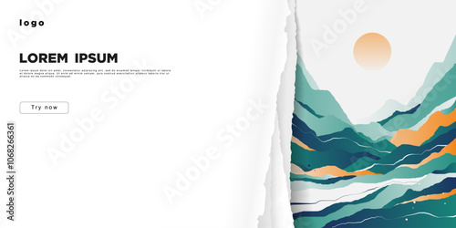 A banner with torn paper behind which is an abstract landscape. A place for the text.