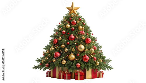 Decorative Christmas Tree with Ornaments on White Background, Christmas Festive Concept. Transparent PNG Format.