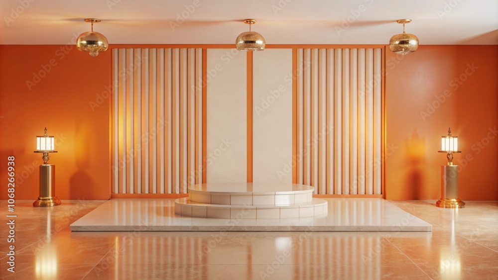 Minimalist orange room with a white pedestal and gold lamps.