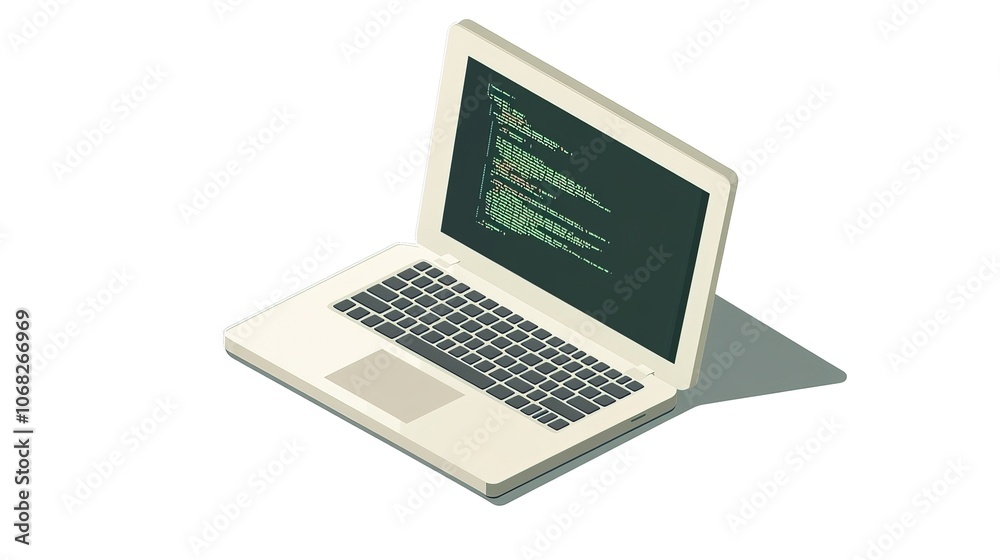 Isometric illustration of an open laptop with coding on screen Isometric illustration of an open laptop with coding on screen