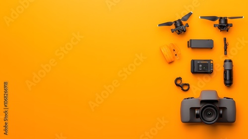 Innovative Drone Equipment Arranged Neatly on Bright Orange Background for Creative Inspiration. Women In Tech Concept