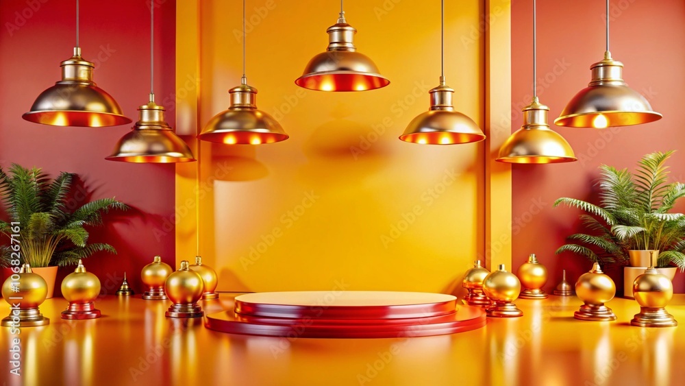 A red and yellow podium with golden lamps and ornaments in a minimalist setting. A red and yellow podium with golden lamps and ornaments in a minimalist setting.