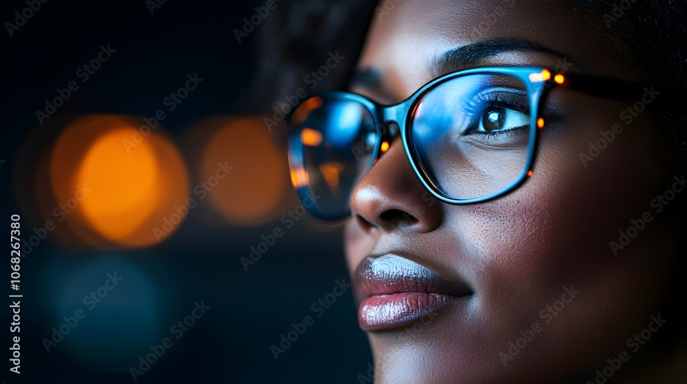 A Woman in Glasses Contemplates Data, Illuminated by the Night's Soft Bokeh Effect Behind Her. Women In Tech Concept A Woman in Glasses Contemplates Data, Illuminated by the Night's Soft Bokeh Effect Behind Her. Women In Tech Concept