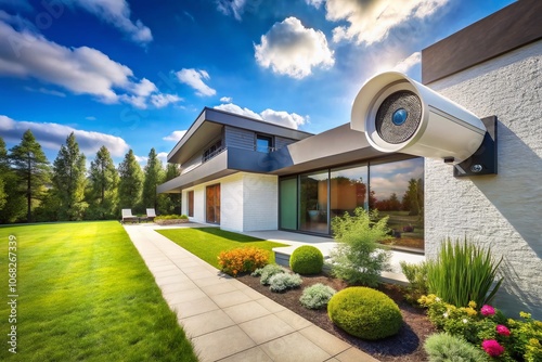 Modern Home with Smart IP Security Camera: A Stunning Landscape View Showcasing Advanced Home Technology for Enhanced Safety and Peace of Mind in a Beautiful Neighborhood Setting