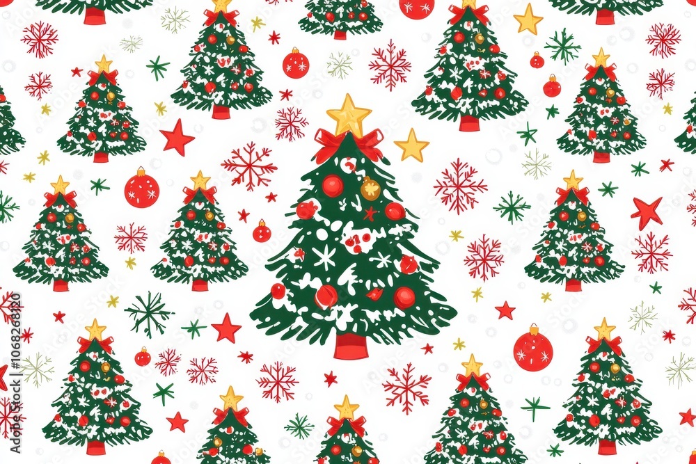 A festive pattern featuring decorated Christmas trees, ornaments, stars, and snowflakes, perfect for holiday-themed designs. A festive pattern featuring decorated Christmas trees, ornaments, stars, and snowflakes, perfect for holiday-themed designs.