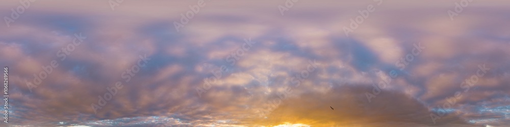 Sunset sky with bright glowing pink Cumulus clouds. Seamless spherical HDR 360 panorama. Full zenith or sky dome in 3D, sky replacement for aerial drone panoramas. Climate and weather change. Sunset sky with bright glowing pink Cumulus clouds. Seamless spherical HDR 360 panorama. Full zenith or sky dome in 3D, sky replacement for aerial drone panoramas. Climate and weather change.