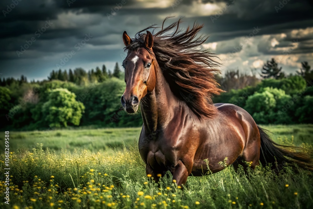 Obraz premium Captivating Candid Photography of a Beautiful Sorrel Horse in Natural Settings with Vibrant Colors and Lush Backgrounds, Showcasing the Grace and Elegance of this Majestic Animal