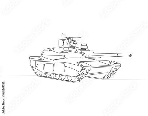 Continuous one line drawing of military tank. One line drawing illustration of soldier vehicle for war. armored transportation, military equipment concept line art. Editable outline