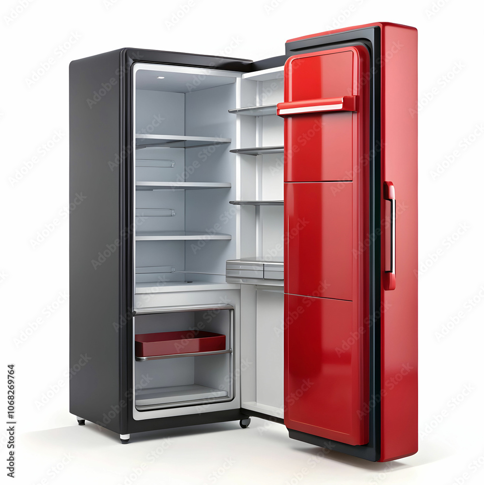 A red and black combination refrigerator with an open door A red and black combination refrigerator with an open door