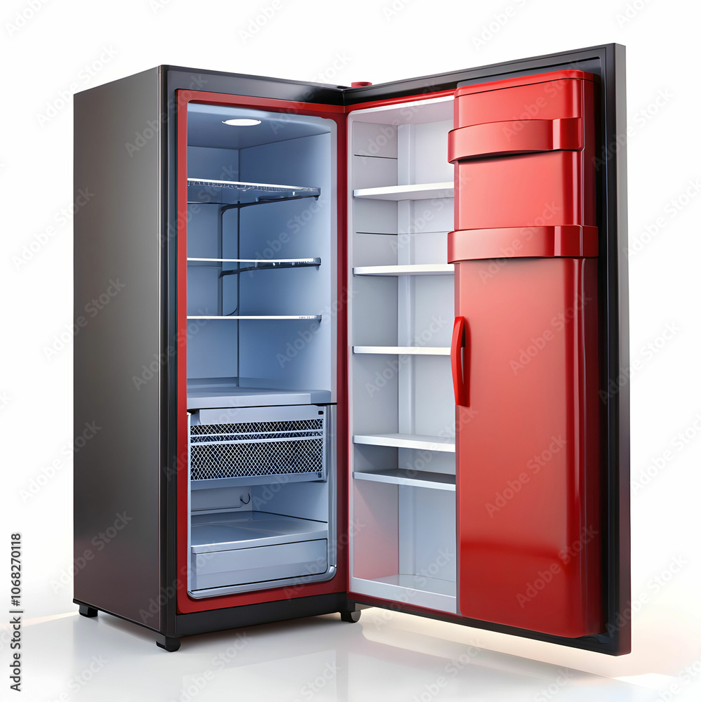 A red and black combination refrigerator with an open door A red and black combination refrigerator with an open door