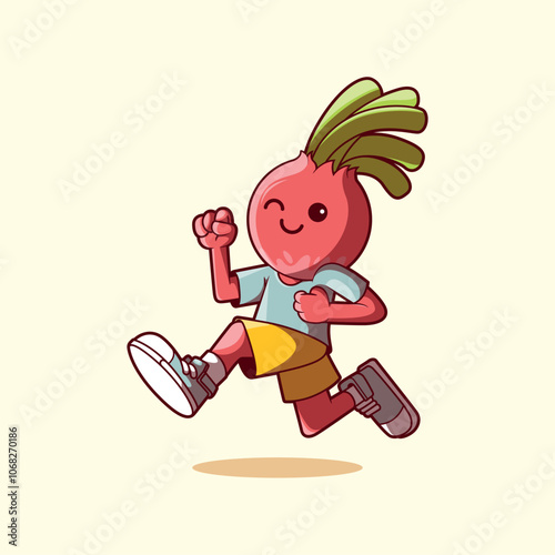 Vector illustration of a radish character running and smiling. Food and sport design concept.
