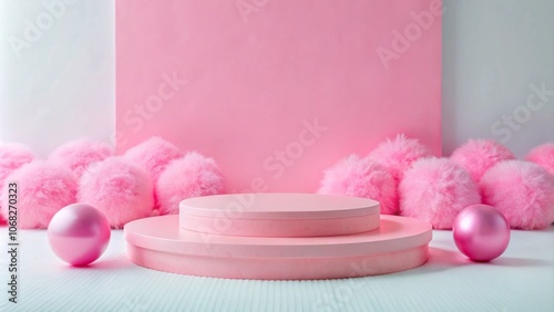 Pink product display podium with fuzzy balls and background.