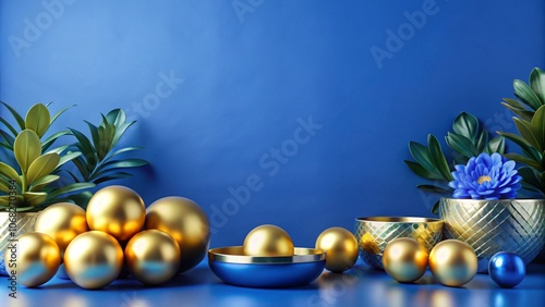 Gold spheres and blue bowls with plants and flower on a blue background.