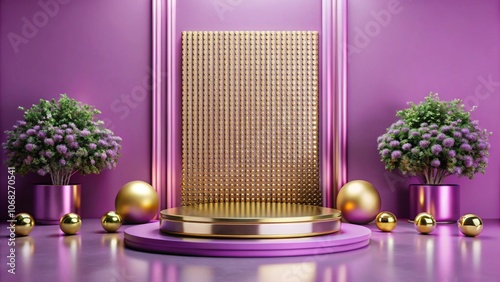 A gold podium with purple plants and gold spheres against a purple background.